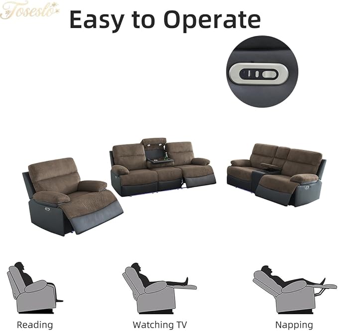 Toseslo Living Room Furniture Sets, Power Recliner Sofa Set, Leather Sofa and 2 Chairs Set, Modern Power Reclining Sets with Cup Holder/Storage Console for House, Brown Grey