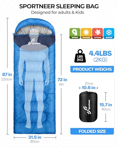 Sportneer Sleeping Bag for Adults & Kids, Cold Weather 3–4 Season Camping Sleeping Bags with 32–65℉ or 50–80℉ Temperature ...