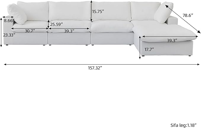 Cloud Couch Modular Sectional Sofa with Storage Ottoman,160.6" L Shaped Couch for Living Room,Down Filled 5 Seater White Convertible Sectional Sofas,Covers Washable&Replaceable