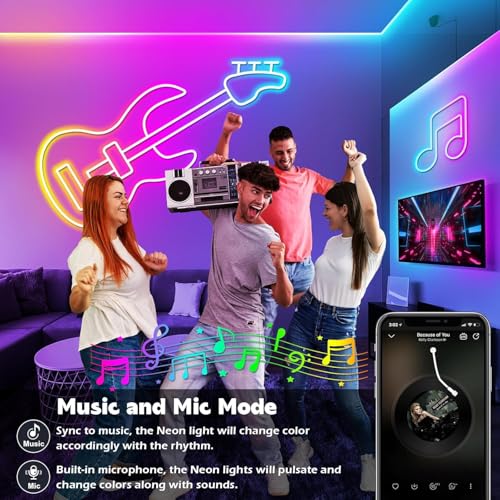 100Ft Neon Rope Lights,Flexible Led Rope Lights Control with App/Remote,Multiple Modes Rope Lights,IP65 Outdoor RGB Led Ne...
