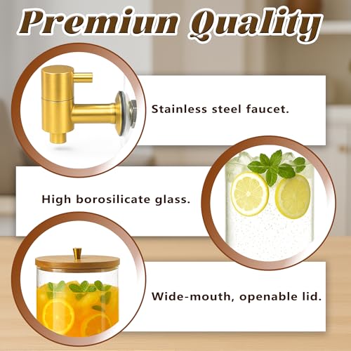VERSSURE 2PCS Drink Dispenser, 1.5 Gallon Each Glass Beverage Dispenser with Wood Stand and Stainless Steel Faucet Ideal f...