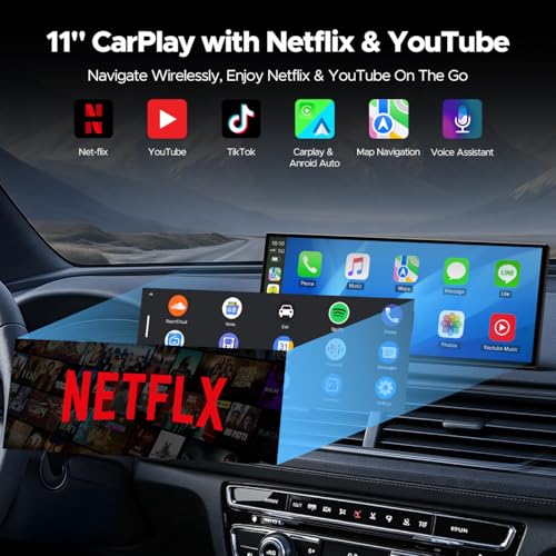 Volam 11'' Wireless Carplay Screen for Car Built-in Net-Flix YouTube Apps, Portable Touchscreen Car Stereo with Android Au...