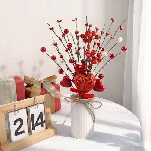 Luabue 2 Sets Valentines Day Decorations for Home, Valentines Table Decor Red Valentine Picks with Pearls Artificial Flowe...