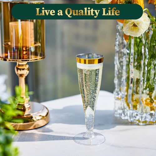 FOCUSLINE 100 Pack Plastic Champagne Flutes, 4.5 Oz Gold Rim Plastic Champagne Glasses, Disposable Clear Toasting Glasses ...