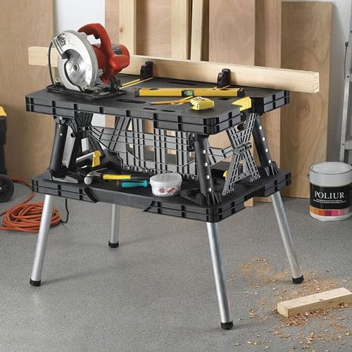 Keter Folding Work Table, Portable Workbench w/ 12" Clamps for Garage/Wood Shop - Heavy-Duty and All-Weather for DIY Home ...