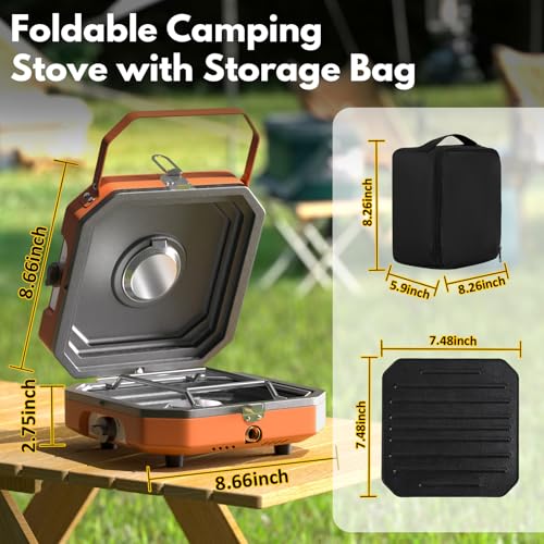 Kirumie Adjustable 2 Burner Popane Stove with 16000 BTU, Flameout Protection, with Camping Grill and Carrying Bag, Portabl...