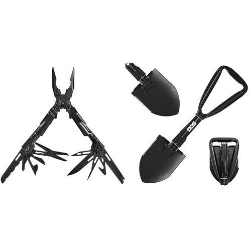 SOG 18-Tool PowerPint Mini Compact Stainless Steel Multi-Tool & 18.25" Folding Survival Shovel with Saw Edge and Carry Case