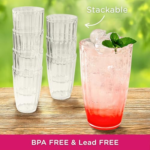 Kate Aspen Clear Ribbed Acrylic Glasses Drinkware Set of 8, 21 oz, Plastic Tumblers, Tumblers & Water Glasses, BPA-Free Pl...