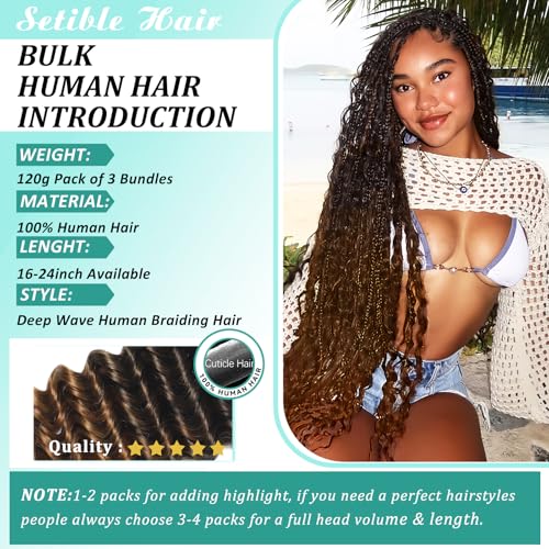 Ombre Human Braiding Hair for Boho Braids 22 Inch 120g Deep Wave Bulk Boho Human Hair for Braiding Curly Knotless Bohemian Braids 12A 100% Brazilian Virgin No Weft Extensions 3 Bundles/Pack T1B/30