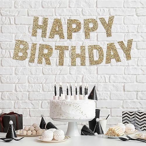 Pre-strung Happy Birthday Banner - No DIY - Gold Glitter Birthday Party Banner for Men & Women - Pre-strung Garland on 8 f...