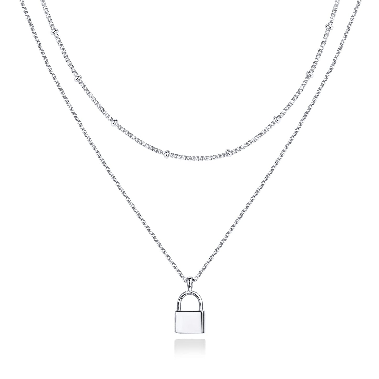PAVOI Rhodium Plated Layered Lock Pendant Necklace | Layering Necklaces for Women | Dainty Minimalist Design Pendant (Lock, Whit