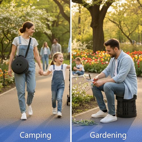 graxie Upgraded Collapsible Stool with Table Top, Portable Telescopic Seat, Folding Stool for Camping Gardening Fishing Hi...