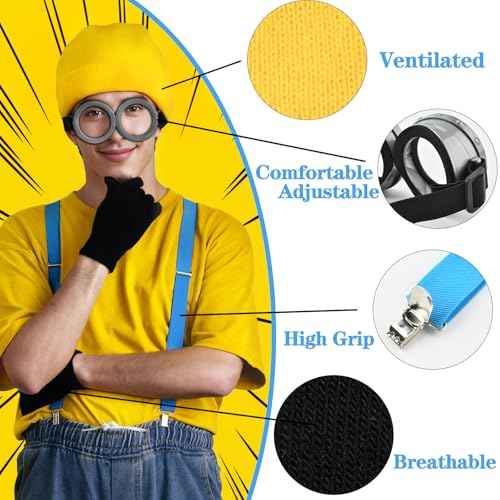 4Pcs Costume Accessories Adult Steampunk Goggles Glasses Blue Y-Back Suspenders Yellow Beanie Hats Black Gloves Perfect for Birthday Party and Halloween Cosplay Party