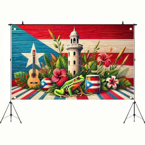 HOMETITUTE Puerto Rico Flag Frog Banner Indoor Outdoor Party Decor Backdrop 71x43 Inch Festivals Wall Banner Hibiscus and ...
