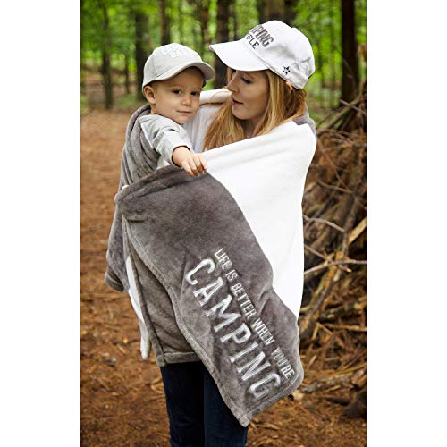 Pavilion - Life is Better When You're Camping - Gray & White Striped Super Soft 50 x 60 Inch Striped Throw Blanket with Em...
