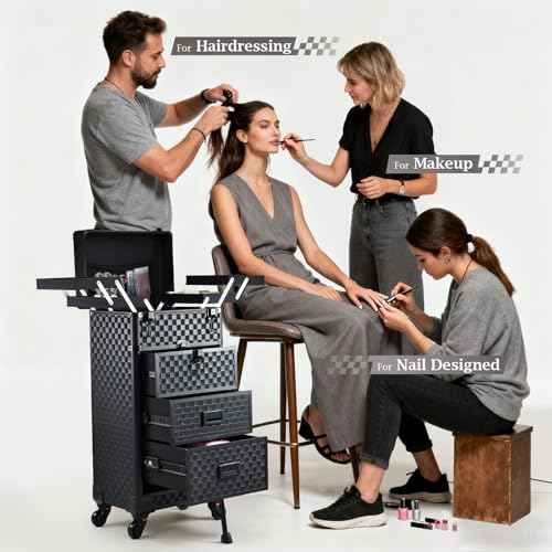 Stagiant Rolling Makeup Case with Drawers Cosmetology Case on Wheels 4 IN 1 Makeup Case 3 Drawers with Foot Stand Spring-release Mechanism Rolling Make Up Organizer for Artist Salon Nail Teach Trunk