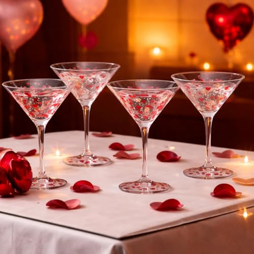 Qinyoung 4 Pcs Valentine's Day Heart Martini Glasses Set Hand Painted Tiny Hearts Cocktail Glasses Bar Goblet Martini Drin...