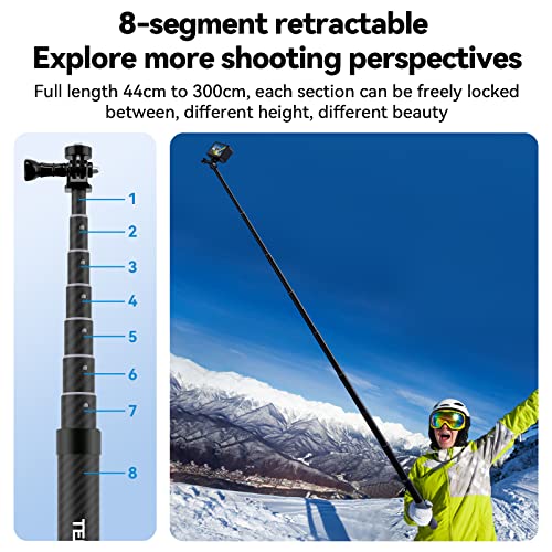 TELESIN G3 Extension Selfie Stick Pole (118"/3M 100% Carbon Fiber), Invisible Light Monopod for DJI Osmo Nano 360 Action 6...