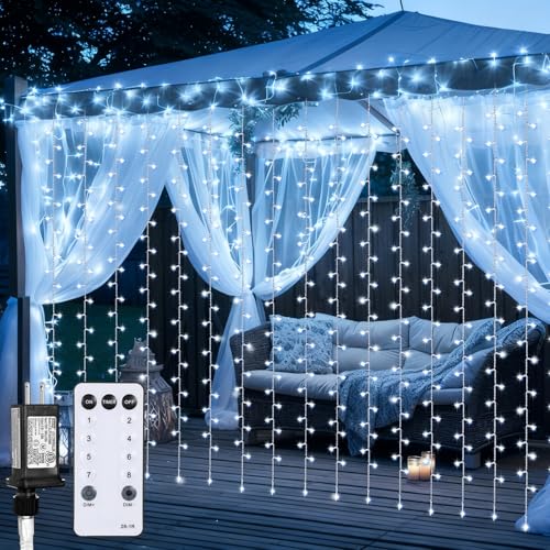 Aurelema 600 LED 20 x 9.8 Ft Christmas Curtain Lights 8 Modes Outdoor Fairy Lights with Remote Plug in Hanging String Fair...