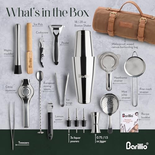 Barillio Bartender Kit Bag with Cocktail Shaker Set - Waxed Canvas, Traveling Bar Tools Bag with 17-Pc Cocktail Kit - Trav...
