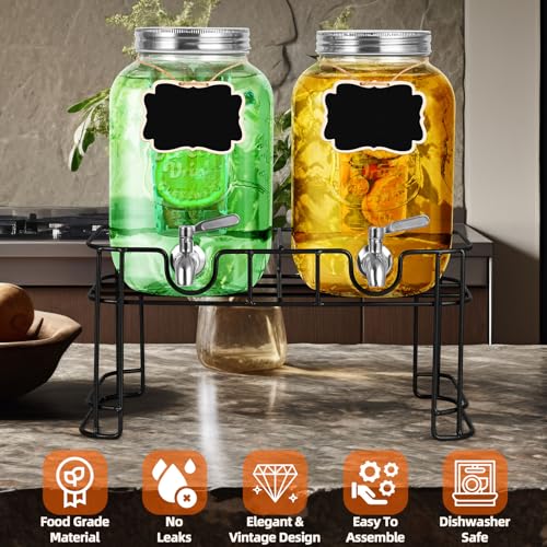 ACDRIME Drink Dispenser & Glass Water Dispenser, 2 Pack 1 Gallon Beverage Dispenser with Stand,with Ice Core,Stainless Ste...
