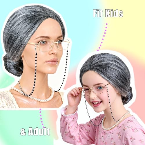 VersaCharm Old Lady Wig Costume for Women,100 Days of School Costume for Kids Girls,Grandma Granny Costume Wig for Hallowe...