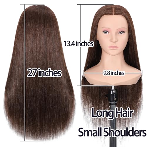 27" Female Mannequin Head with Shoulder 90% Human Hair and 10% Synthetic Hair Practice Hair Braiding Training Head Hair Styling Cosmetology Manikin Head Doll Head for Hairdresser (Brown Color)