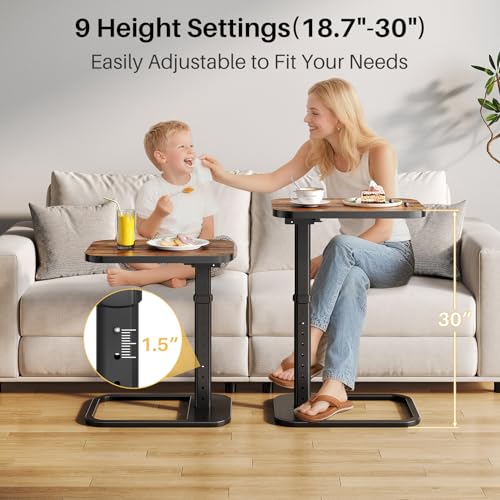 Brown TV Tray Table with 9-Level Adjustable Height, Lockable Flip-Top & Rounded Metal Corners, C Shaped Sofa Side End Tabl...