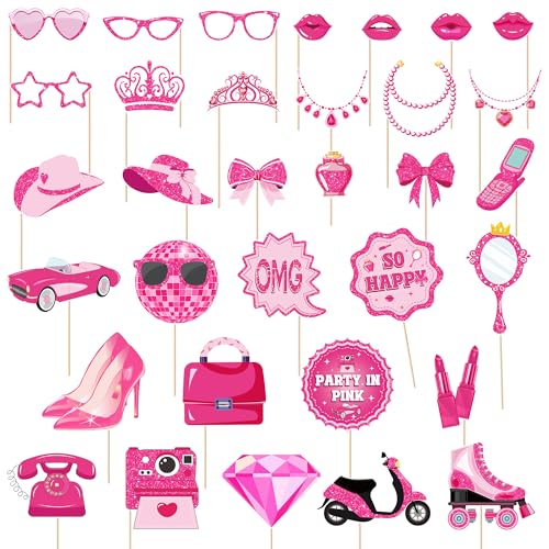 VorkiVecKi Girls Photo Booth Props - Bachelorette Party Photography Prop 33 Pcs Hot Pink Photobooth Prop Party in Pink Bir...
