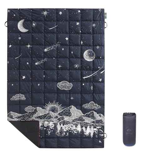 Down Camping Blanket, Ultralight Compact Packable Throw with Snaps for Outdoor Indoor, Travel Stadium Concert Picnic Beach, Puffy 650 Fill Down Water-Resistant Quilt (Midnight Sunrise)