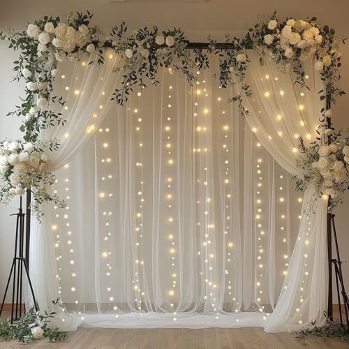 EMHOLDBU 10x10ft White Tulle Backdrop Curtain with Lights String Sheer Drapes for Wedding, Birthday, Baby Shower, Bridal S...