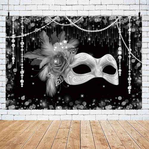 MEHOFOND 7x5ft Masquerade Party Backdrop Black and Silver Mask Photography Background Carnival Masquerade Party Supplies M...