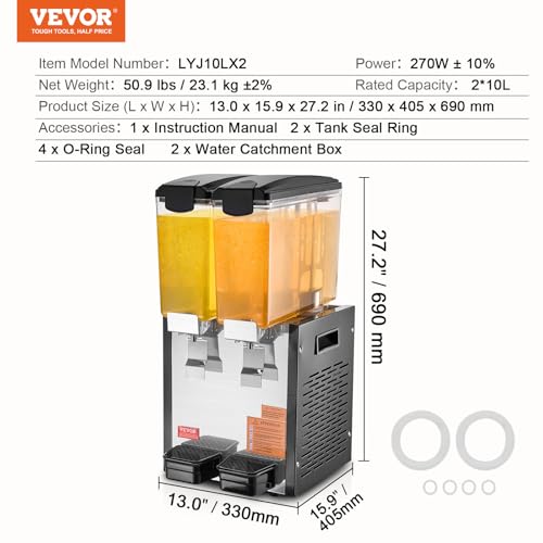VEVOR Commercial Beverage Dispenser, 2 Tanks 10 L / 10.6 QT Per Tank Juice Dispenser, 270W Stainless Steel Ice Tea Drink M...
