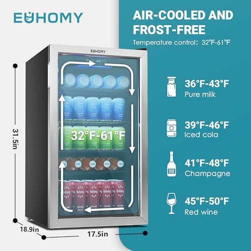 EUHOMY Beverage Refrigerator Cooler, 130 Can Mini Fridge with Glass Door for Soda Beer or Wine, Beverage Cooler for Home, ...