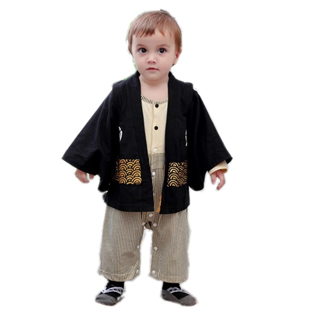 SZCQ Baby Boy Kimono Romper Suit Japanese Costumes Infant Cotton Samurai Outfits Beige XL(2-3Year)