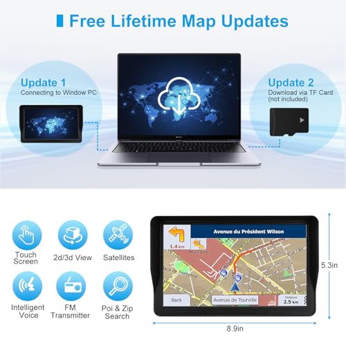 9'' GPS Navigator for Car Truck RV - Touchscreen Navigation System with Sun Visor, 2025 North America Maps Free Lifetime U...