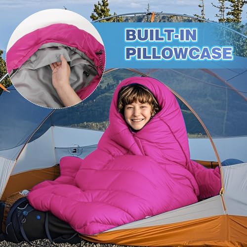 REDCAMP Kids Mummy Sleeping Bag for Camping, 3 Season Cold Weather Sleeping Bag Fit Boys,Girls & Teens, Blue/Rose Red