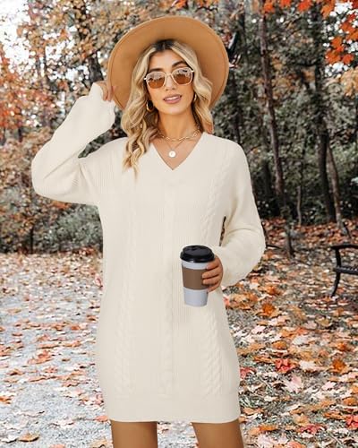 VAFOLY Women's Pullovers Jumper Sweaters Lantern Sleeve Casual V Neck Fall Knit Mini Sweater Dresses