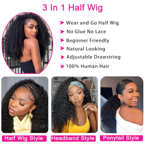 Half Wig Human Hair Water Wave Half Wig 3 in 1 Glueless Wigs 200 Density Wear and Go Wigs Seamless Flip Over with Drawstring Beginner Friendly Curly Wig Headband Wig for Women 20 Inch