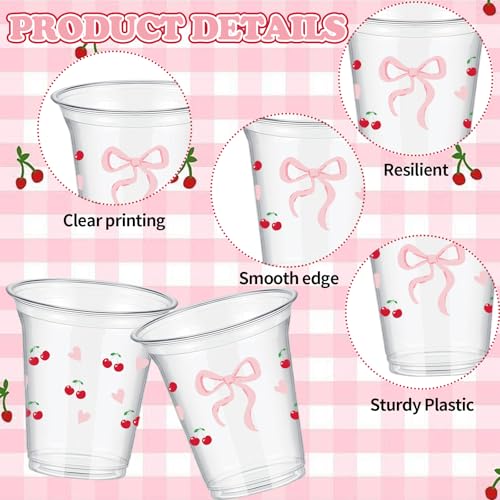 SYUCVQI 40 Pcs Cherry Plastic Cups Pink Bow Drinking Cups for Coquette Party Supplies 12oz Disposable Cup for Pink Cherry ...
