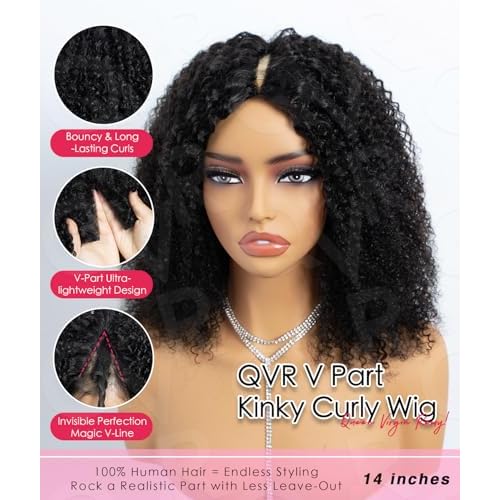 QUEEN VIRGIN REMY QVR Lace V-Part Wig Human Hair Kinky Curly No Leave Out V Shape Full Head Clip In Half Wig with Drawstring Natural Black Curly U Part Human Hair Wig for Black Women 14 Inch