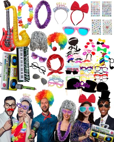 80pcs Large Gorgeous Photo Booth Props Set Birthday Party Accessories Kit Includes Clown Wig Foil Tinsel Wig Rock Headband...
