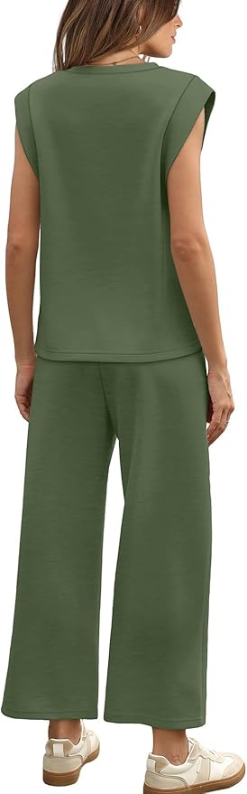 WIHOLL 2 Piece Sets for Women Summer Lounge Sets Travel Vacation Outfits Cap Sleeve Sweatsuit Side Slit Wide Leg Pants S-3XL