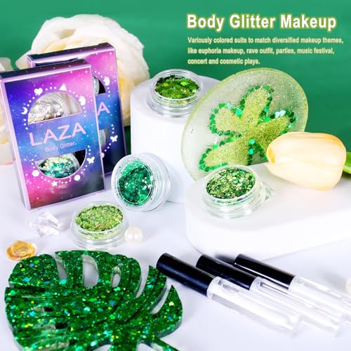 Laza 2 Jars St. Patrick’s Day Body Glitter Iridescent Chunky Sequins with Glitter Glue Women Eyeshadow Makeup Face Paint F...
