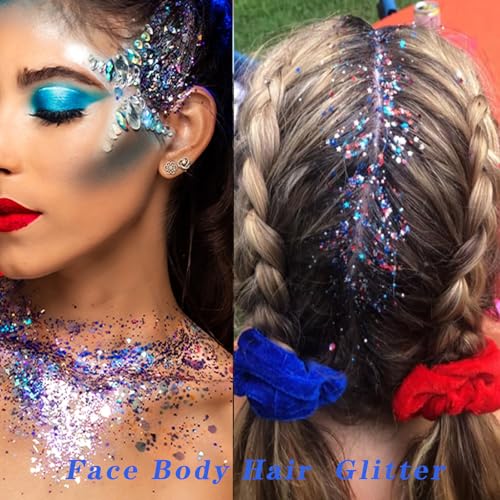 Red White and Blue Body Glitter - 4th of July Outfit Accessories for Women & Kids, USA Flag Face Glitter Makeup, Holograph...