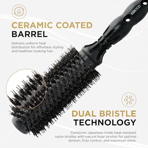 COCCO Black Series Ceramic Boar Brush S6, Hair Styling Brush with Dual Bristle Technology, Ceramic-Coated Barrel, Ergonomic Design
