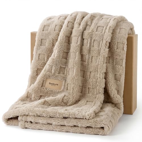 Bedsure Tan Throw Blanket for Couch - GentleSoft Fleece Cozy Waffle Blanket for Sofa Bed Room Decor, Super Fluffy Checkere...