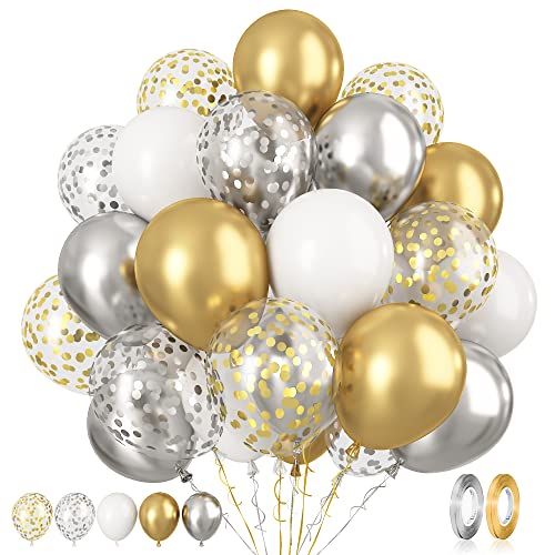 Paready Gold and Silver Latex Balloons, 60 Pcs 12 Inch Metallic Gold Silver and White Confetti Balloons for Birthday Baby ...