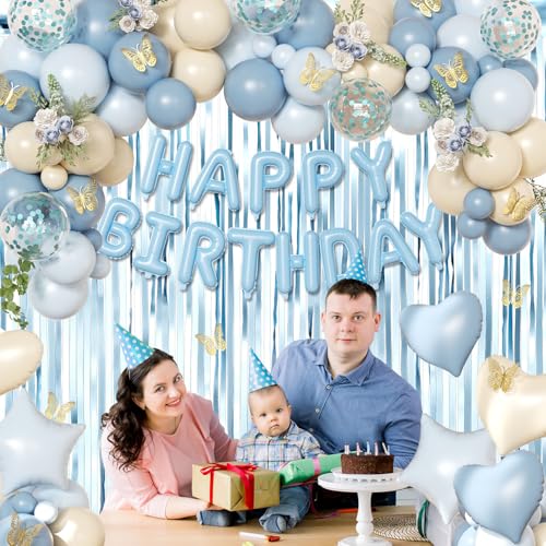 Blue Birthday Decorations, Dusty blue Sand White Confetti Foil Balloons Happy Birthday Banner Gold Butterfly Fringe Curtai...