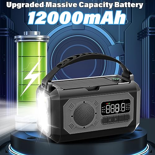 12000mAh Emergency Weather Radio, Hand Crank Solar Radio Portable AM/FM/NOAA Radio with 2 Solar Panels 3 Charging Methods ...